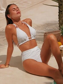 Swim Chiccia 女士素色領結式性感比基尼套裝，適用於度假、夏季沙灘 - 白色 - 查看 1