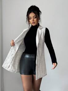 Elenzga Chaqueta sin mangas de frente abierto casual para mujer, adecuada para ir al trabajo, otoño/invierno - Blanco y Negro - Ver 6