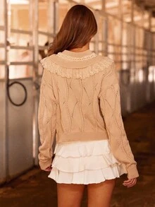 WESTFADE Cárdigan de punto con cuello redondo de encaje, botones delanteros, manga larga, tejido mixto de punto de cable y punto de burbuja, de estilo relajado y casual, para uso diario y estilo occidental - Albaricoque - Ver 5