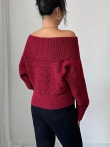 Elenzga Damen lässiger, weiter einfarbiger Pullover, Off-Shoulder, Langarm - Rot - Übersicht 2