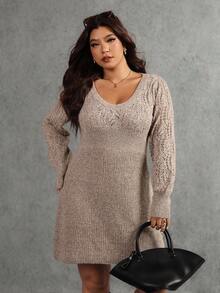 Elaquor Váy len dệt kim tay dài màu trơn cỡ lớn cho nữ vào mùa thu/đông - Màu Khaki - Xem 3