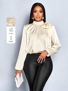 SOLERSUN Damen Mode Temperament elegante Satin einfarbige hochwertige Schleife Tasche Saum Laternenhülse Bluse - Champagnerfarben - Übersicht 1