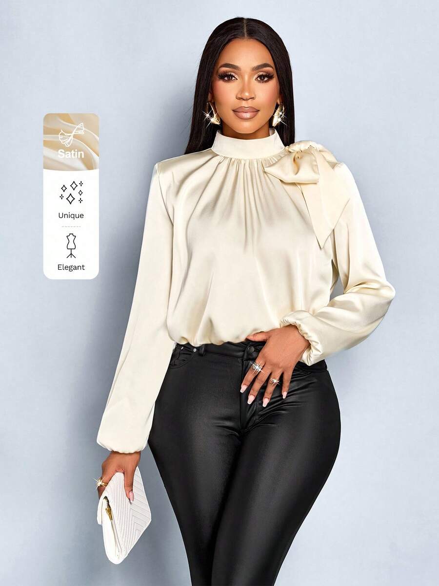 SOLERSUN Damen Mode Temperament elegante Satin einfarbige hochwertige Schleife Tasche Saum Laternenhülse Bluse - Champagnerfarben - Übersicht 1