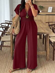 SHEIN PETITE CURVE 大码纯色束腰连体裤，休闲度假装 - 酒紅色 - 查看 1