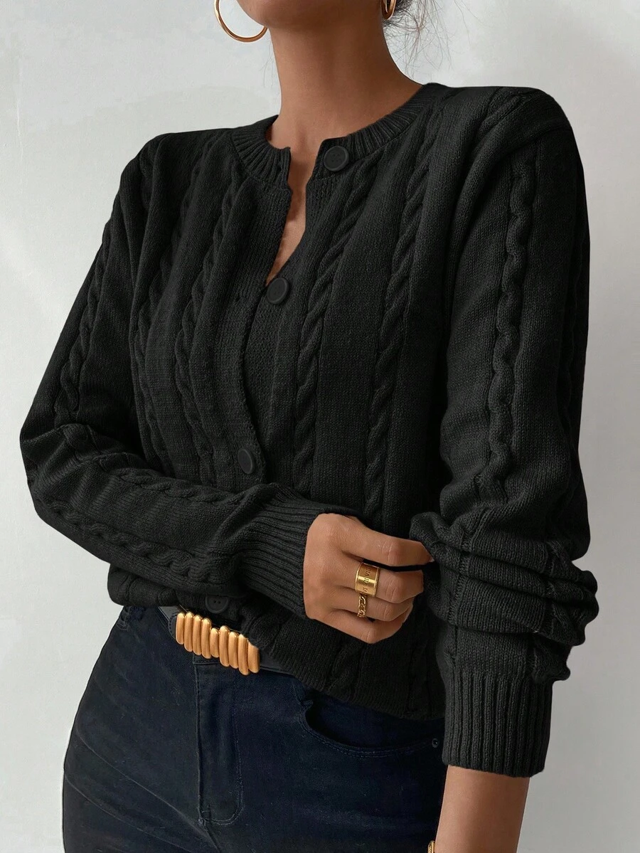 EMERY ROSE 女式秋季扭纹长袖单排扣休闲针织开衫 - 黑色 - 查看 1