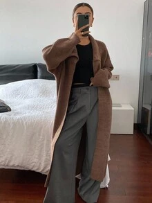 DAZY Women's Solid Color Floral Chiffon Loose High Neck Long Sleeve Long Cardigan, Casual Street Style, Autumn/Winter - Brown - View 6