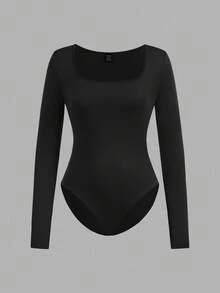 SHEIN EZwear 3pcs Women Square Neck Long Sleeve Tight Fit Bodysuit Set, Black, Navy Blue, White, Suitable For Autumn/Winter,Fall,Black Bodysuit - Multicolor - View 7