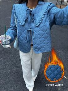 Siren Gaze 优雅别致的女士冬季夹克，女装秋季服装女装冬季服装女装，2025 新款牛仔蓝色彼得潘领系带长袖夹棉大衣，适合通勤、外出、派对、商务休闲、日常穿着，秋冬必备时尚单品，女士冬季夹克女士冬装 - 淺色水洗藍 - 查看 3