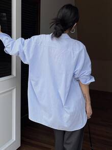 DAZY Áo sơ mi nữ dáng rộng kẻ sọc thường ngày đi học tay dài - trắng - Xem 7