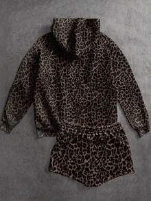 SHEIN EZwear 2件套休闲复古豹纹宽松短款连帽衫和运动衫套装 - 彩色 - 查看 2