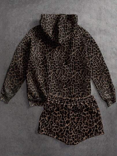 SHEIN EZwear 2件套休闲复古豹纹宽松短款连帽衫和运动衫套装