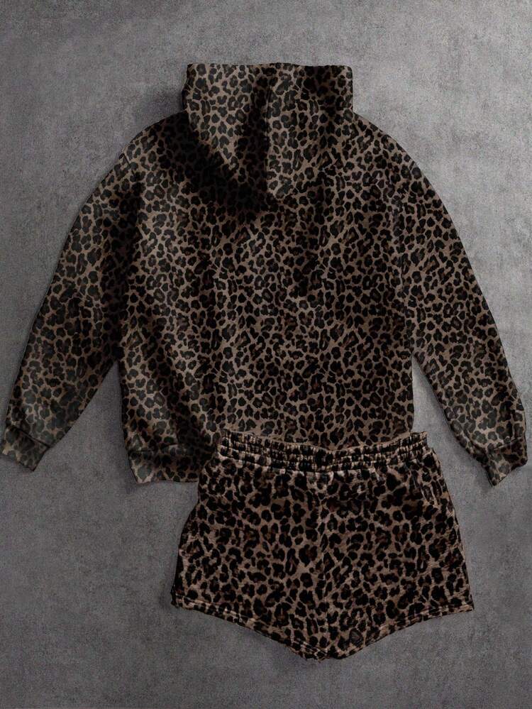 SHEIN EZwear Bộ 2 áo hoodie và áo nỉ dáng rộng in họa tiết da báo cổ điển thường ngày - Nhiều màu - Xem 2