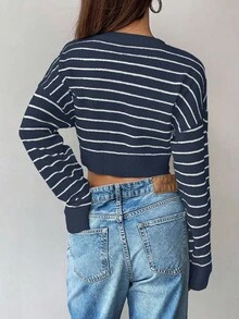 Chiquease Suéter holgado y casual a rayas y corto para mujer