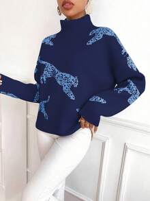 EMERY ROSE Women's Leopard Pattern Loose Fit Dropped Shoulder Long Sleeve Turtleneck Sweater, Casual For Autumn/Winter - Navy Blue - View 4