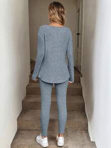 SHEIN LUNE Bộ 2 áo thun dài tay lót gân giữ nhiệt và quần legging cho nữ, màu hồng, thu/đông, mùa thu - Xám - Xem 3