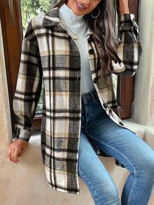SHEIN LUNE Women's Casual Long Sleeve Plaid Shirt-Style Coat Flannel Jacket Women Plaid Shirt Jacket Women Fall Jackets Women Women Plaid Shirts Plaid Shacket Flannels For Women Plaid Button Up Plaid Shirt Women Fall Women Clothes Women Plaid Coat - Black - View 4