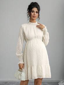 Momance Maternity Solid Color Stand Collar Long Sleeve Elegant Waist Cinched Dress Fall - Apricot - View 5