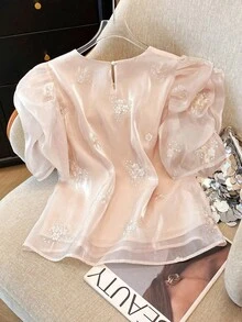 SHEIN Clasi Regular Size Women's Satin Embroidered Puff Sleeve Blouse, Elegant Style