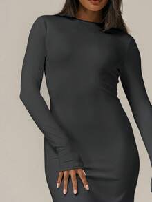 MUSERA ESSENTIALS Buttery Soft Long Sleeve Fitted Midaxi Dress Basic Spring Summer Cute Casual Vacation, Dress For Women Ibiza Beach Holiday Fall Night Out Wedding Guest, Elegant, Birthday, Night Out, Date Night Casual Dress  New Year  Party - Dark Grey - View 5