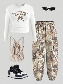 Sparklyn 2pcs Set Bowknot Camouflage Print Casual Fashionable Outfit, Tween Girls Long Sleeve Top And Jogger Pants Set Fall Winter - Multicolor - View 2