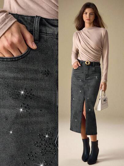 Selenza Falda vaquera recta casual con abertura y bolsillo con strass para mujer