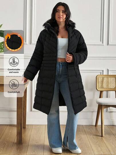 EURMUSE Plus Size Zip Up Drawstring Fur Hooded Solid Color Winter Coat