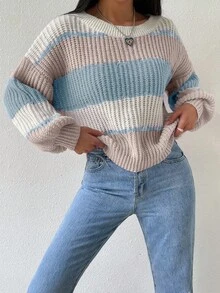 EMERY ROSE Women's Casual Loose Fit Contrast Color Round Neck Drop Shoulder Long Sleeve Sweater, Autumn - Multicolor - View 6