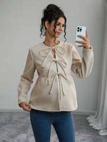 Momance Maternity Regular Jacket, Round Neck Long Sleeve, Front Tie Bow, A-Line Hem Woolen Coat