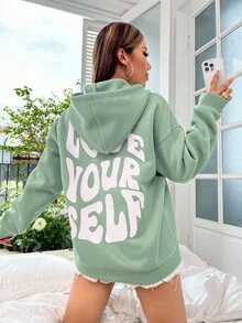 SHEIN Unity 标语印花落肩抽绳保暖连帽衫，爱自己，毕业、教师、返校季套头衫，秋季款 - 綠色 - 查看 5