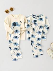 SHEIN Baby Boy Casual Cute Cartoon Elephant Print Tight Fit Long Sleeve Crew Neck Pajama Set, Suitable For Autumn/Winter Baby Boy Clothes Elephants Baby Elephant Outfit Pajama Baby Set Baby Matching Sets Toddler Sets Baby Boy Fall Clothes
