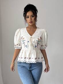 Breezaya French Elegant Romantic V-Neck Tie Floral Print Women Summer Blouse