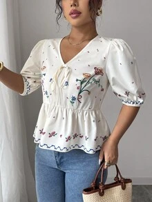 Breezaya French Elegant Romantic V-Neck Tie Floral Print Women Summer Blouse