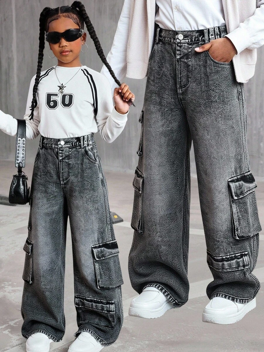 Girls' Street Fashion Casual Versatile Utility Asymmetric Multi-Pocket Washed Gray Loose Straight Leg Jeans, Excluding T-Shirt And Accessories - Grey - View 1