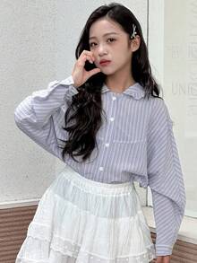 Dazy Kids 女童格子连帽长袖梭织衬衫 - 淺藍色 - 查看 3