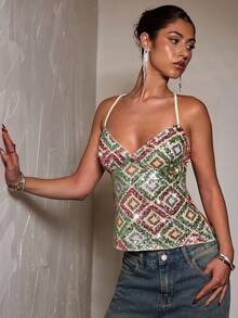 SHEIN BAE Sequin Backless Halter Neck Crop Top, Suitable For Wedding, Graduation, Night Out, Party, Daily Wear, Holiday Club Outfits Women Sexy,Party - Multicolor - View 7