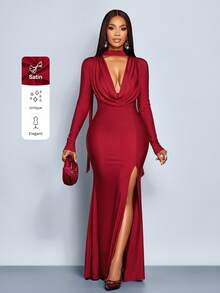 SOLERSUN Women's Elegant Modern Front Deep Cowl Neck Long Sleeve Cropped Tight High Slit Mermaid Maxi Dress Fall Cloth For Women - Red - View 1