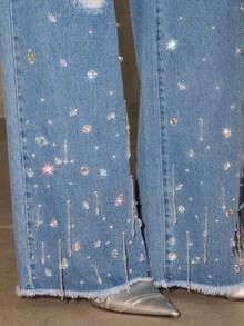 Anewsta 时尚钻石缀饰女式蓝色直筒牛仔裤 - 藍色 - 查看 1