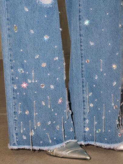 Anewsta 时尚钻石缀饰女式蓝色直筒牛仔裤