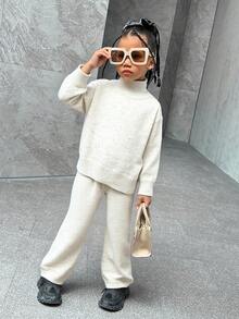 SHEIN 2 件套年轻女孩时尚特种纱线针织毛衣上衣和宽松裤子套装，秋冬 - 白色 - 查看 7