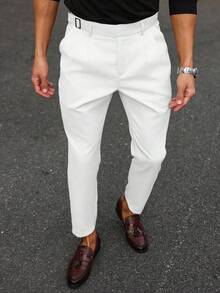 Manfinity Bizformal Men's Solid Color Waist Buckle Design Pocket Straight Leg Pants White Pleated Pants Men White Dress Pants Men White Suit Pants Men