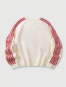 ROMWE MEN Prep 男士刺绣宽松短款针织衫，秋冬款，长袖上衣 - 米色 - 查看 2