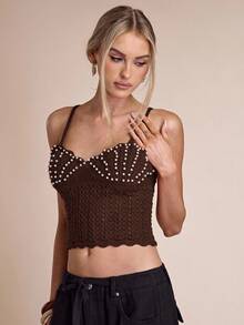 SHEIN BAE 秋冬女款仿珍珠吊带镂空短款针织上衣 - 咖啡棕 - 查看 8