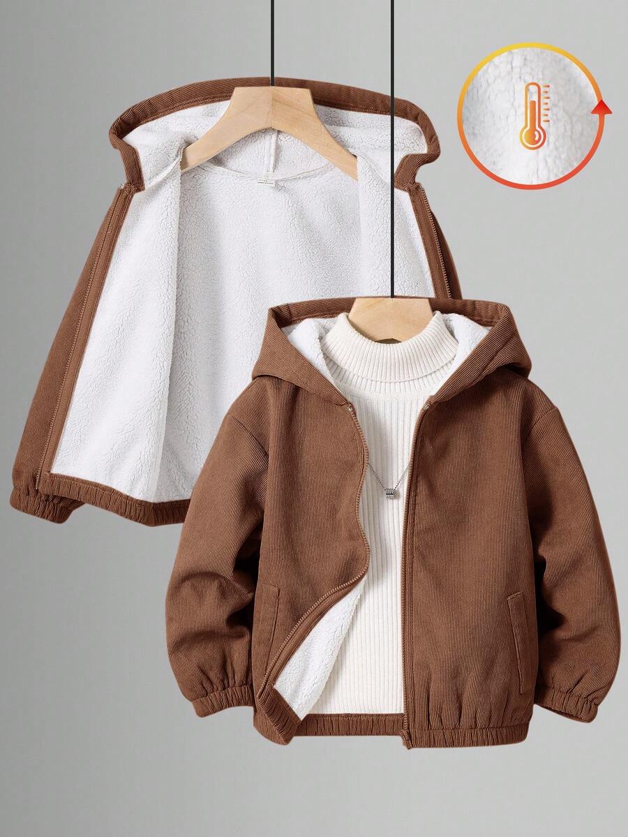 SHEIN 男童厚羊毛连帽夹克，卡其色，连帽拉链运动衫，休闲上衣，适合春、夏、秋、冬、返校、花园、海滩、生日 - 棕色 - 查看 1