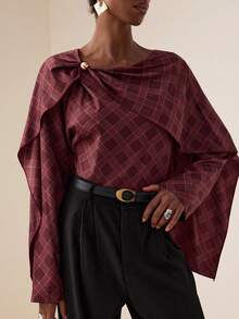 Vesra Chic Plaid Beaded Twist Knot Loose Blouse Fall Cloth For Women - Red - View 5