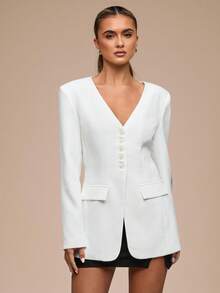 SHEIN BAE Damen Mode Slim Fit Blazer Jacke mit tiefem V-Ausschnitt - Weiss - Übersicht 6