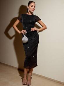 Lavishia Romantic Elegant Floral Printed Mesh Midi Dress For Women Fall Winter Dress Elegant Party Dress Black Dress  Christmas New Year Look