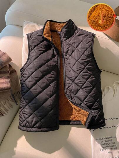 SHEIN 1 Pieza Chaleco acolchado con cuello alto de estilo deportivo universitario para niño preadolescente, forro de felpa grueso, adecuado para uso diario, escuela, fiestas, actuaciones, ceremonias de apertura, otoño e invierno, deportes y esquí.