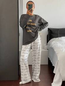 DAZY 2 件女士宽松字母印花长袖睡衣套装，秋季衣服 - 深灰色 - 查看 4