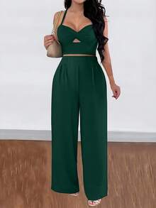 SHEIN LUNE 2件套性感度假扭纹后背系带宽松阔腿裤套装 - 墨綠色 - 查看 3