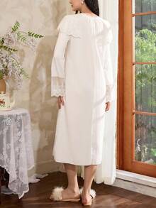 Côtesoire Women's French Elegant Romantic Lace Patchwork Ruffle Trim Button Down Nightgown, Fall Lace Sleepwear - White - View 2